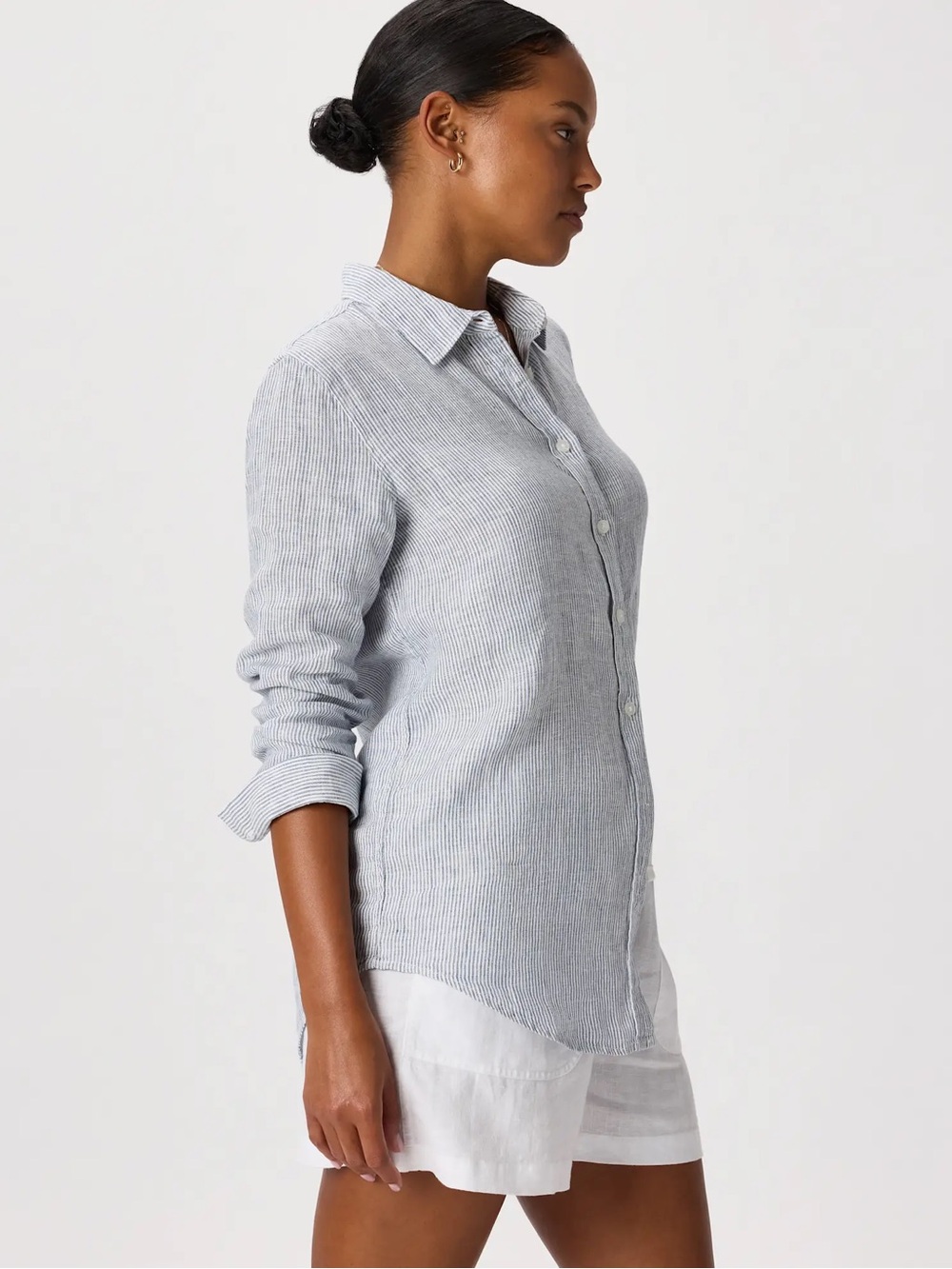 Quince 100% European Linen Long Sleeve Shirt Pinstripe Blue size S Nautical